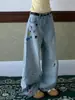 Calça Jeans Scimitar com Estampa Divertida de Desenho Animado para Homens e Mulheres, Design de Nicho Americano High Street, Calça Baggy Reta de Perna Larga