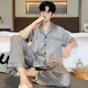 Pijama Masculino Fino de Verão, Roupa de Casa de Seda Gelada de Alta Qualidade, Conjunto de Manga Curta e Calça Longa, Masculino de Verão Seda Falsa Tamanho Grande