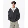 Sudadera de manga larga con cuello camisero, estilo dos piezas falsas de corte holgado para pareja, casual y versátil para otoño 226