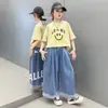 Conjunto de Camisetas de Manga Corta para Niñas, Nuevo Estilo Verano 2026, Moda para Niñas Mayores, Conjunto de Verano con Pantalones de Pierna Ancha de Mezclilla