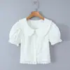 1757-26 Primavera Estilo Francês Renda Gola de Boneca Manga Bufante de Um Botão Cintura Marcada Top Curto Branco Conjunto