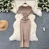 Vestido de malha de seda gelada estilo coreano inspirado em Hepburn, de alta costura, acinturado, slim fit, gola redonda, vestido longo bodycon para OL