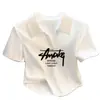 Polo Blanco Algodón Solapa Slim-fit Tejido Manga Corta Camiseta Verano para Mujer Elegante Francés Cuello en V Corto Top Combinable