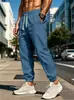 Calça masculina versátil de algodão e linho com cintura elástica, nova, europeia e americana, de cor sólida, respirável, com punhos, de corte solto