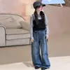 Conjunto de Jeans Wide Leg Estilo Coreano para Meninas Primavera e Outono Novo Conjunto de Duas Peças Amplo Versátil Comprimento Total para Crianças de Tamanho Médio e Grande