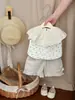Conjunto de Chaleco de Verano para Niña 2025 Nuevo Estilo Top sin Mangas de Encaje para Bebé Niña Shorts de Encaje Conjunto de Dos Piezas