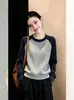 Suéter raglán color block para mujer, nuevo top de punto suelto de cuello redondo otoño/invierno, capa base, top pullover versátil