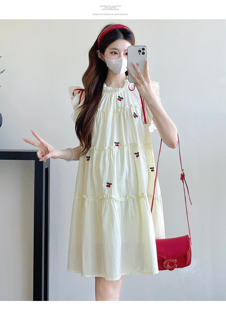 孕妇夏宽松显瘦樱桃蝴蝶结甜美减龄潮妈时尚连衣裙