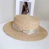 Chapéu de Palha Fedora de Ráfia com Topo Plano Estilo Férias Boêmio Fita de Cetim de Seda Tie-Dye Chapéu de Sol de Verão para Mulheres