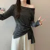 40 piezas de ropa de algodón puro 1X1 para mujer de talla grande, nueva colección otoño e invierno 2026, camiseta de manga larga rayada con cintura irregular, camiseta básica