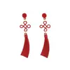 Aretes de Nudo Chino Rojo Aguja de Plata Festivos de Año Nuevo Moda Larga Pendientes Largos Personalidad Tendencia Versátiles Cobre
