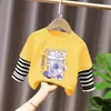 Camiseta de manga larga para niña, nuevo modelo primavera y otoño 2026, body falso de dos piezas para bebé, ropa infantil de algodón puro con rayas de dibujos animados