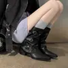 Primeiro encontro: fivela de cinto de couro de tubo largo, botas de salto grosso de cano médio, novos estilos outono/inverno, retrô e versáteis, com design de perna plissada
