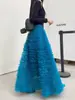 Nueva Falda Floral Elegante Estilo Coreano Azul Pavo Real de Primavera, Falda Larga de Malla con Varios Niveles y Corte en A, que Cubre las Caderas con Forma de Pera para Mujer