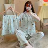 Conjunto de Pijama Feminino de Algodão Nuvem de Três Peças para Primavera e Verão, com Gola Reversível, Cardigã de Manga Curta, Shorts e Calça Comprida, Conjunto Casual para Casa para Meninas