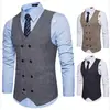 Talla europea 2024 nuevo chaleco de traje de espiga para hombre chaleco vintage de doble botonadura con bolsillo real abrigo para hombre