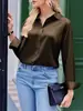Ropa de trabajo transfronteriza de estilo europeo y americano para mujer: camisa retro de satén marrón de manga larga con cuello con muesca