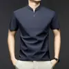 Camisa polo masculina de alta qualidade, manga curta, gola alta, casual, camiseta premium de seda gelada com meio zíper, vestimenta masculina para negócios