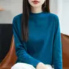 Blusa de tricô feminina de algodão puro, gola semi-alta, manga longa, macia e amigável à pele, modelagem justa, peça básica para primavera e outono