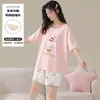 Pijama para Mujer Verano Manga Corta Dulce Estilo Coreano Dibujos Animados Estudiante Casual Holgado Talla Grande Ropa para Dormitorio Hogar con Almohadillas en el Pecho