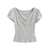 Camiseta de Manga Corta Elástica Estilo Chica Picante Estilo Americano con Escote en V Profundo Cruzado para Mujer, Verano Hombro Normal Ajustado Sexy Puro Deseo Top