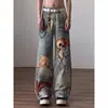 Jeans de Pierna Ancha con Estampado 3D de Oso Estilo High Street Americano para Hombre, Diseño Trendy Streetwear, Pantalones Rectos Lavados de Nicho