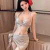 Biquíni de Moda 2024 Conjunto de Três Peças Puro Sexy Estilo Coreano Cobertura da Barriga Roupa de Banho Dividida para Férias na Praia para Mulheres