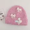 Chapéu de tricô com laço tridimensional estilo coreano para mulheres, inverno ins doce espessado quente chapéu de lã pullover
