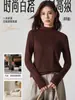 Camiseta interior de mezcla de seda para mujer de otoño e invierno, tejido Tencel Lyocell, cuello alto pequeño, camiseta estilo coreano, top de punto de manga larga adelgazante