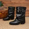 Botas de Pantalón de Pierna Ancha con Hebilla Metálica a Media Pantorrilla Moda Transfronteriza Talla Grande 2026 Otoño/Invierno Nuevo Llegada Punta Cuadrada Tacón Cuadrado Botas para Mujer En Stock