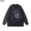 Camiseta de Manga Larga de Algodón de Peso Pesado Lavado Retro Desgastado para Hombre Americana High Street Holgada Cuello Redondo Camiseta Básica