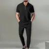 Conjunto de polo de punto gofrado de color liso de gran venta en verano con manga corta y pantalón largo a juego