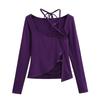 Camiseta de Renda com Laço Estilo Ins Pure Desire Feminina Nova Primavera e Verão Design Irregular Manga Longa Top Hot Girl