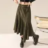 Falda retro de ante para mujer, nuevo estilo otoño e invierno, falda de línea A irregular de cintura alta, falda de paraguas, negra