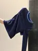 Top de capa base ajustado para otoño e invierno para mujer, bloques de color, cuello redondo, hombro normal, manga larga, diseño plisado fruncido en la cintura, top versátil para mujer