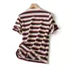 Camiseta de Verano Cómoda de Manga Corta con Cuello Redondo para Mujer, Rayas Bloque de Color Inspiradas en el Diseño, Bordado de Mono Pequeño 093