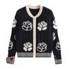 Fábrica de Jerseys Dongguan Dalang Diseño Rosa Intarsia Retorcido Cuello Redondo Cárdigan Tejido Chaqueta Ajustada para Mujer