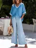 En Stock 2026 Sitio Independiente Transfronterizo Moda Europea y Americana para Mujer Casual Rayas Cómodo Holgado Cuello en V Conjunto de Dos Piezas