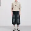Jeans Cropped de Mezclilla Lavada Pierna Ancha Tendencia Diseño Botones Doble Cintura Retro Deconstruido Estilo Americano Verano Finos