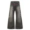 Elegantes jeans de mezclilla con patchwork de bordes crudos desgastados y orejas de gato para hombre, pantalones acampanados sueltos de pierna ancha para uso casual y resistente