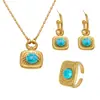 Nuevo Conjunto de Collar, Pendientes y Anillo con Colgante de Acero Inoxidable Turquesa Azul de Xinyixin, Joyería Exquisita Europea y Americana Que No Se Desvanece
