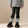 Meias térmicas infantis com cobertura para os pés, forradas com fleece de inverno, espessadas, cinza Fair Isle, meias-calças infantis com pezinho, calças para usar sozinhas