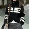 Cardigan de Tricô Feminino Inverno Coreano Novo Design Listrado Gola Alta Abertura Frontal