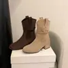 Nuevas Botas de Cuero para Mujer Estilo Retro Adelgazantes Botas de Bloques de Color Tacón Grueso Botas hasta Media Pantorrilla Tobilleras Persona Baja Botas de Invierno Apiladas