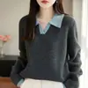 Venta al por mayor transfronteriza de nuevos tops de algodón puro para mujer de primavera y otoño, suéter de punto a rayas de color bloque con cuello polo para ropa exterior