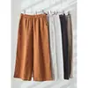 Pantalones Casuales de Lino Puro Estilo Japonés para Viajar, Holgados, Artísticos, Cintura Elástica, Pierna Ancha, Cortos, Rectos, para Mujer, Primavera y Verano