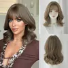Peluca corta rizada ondulada de color marrón para mujer, estilo europeo y americano, con flequillo, adecuada para uso diario, voluminosa, resistente al calor, longitud hasta el hombro, 14 pulgadas