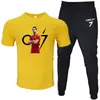 Moda de Comércio Exterior Camiseta Masculina de Manga Curta Calça Terno Casual Gola Redonda Cor Lisa Estampa de Letras Roupa Esportiva Casual