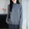 Suéter de Tricô Gola Alta Meia Manga Longa Algodão Puro Novo Outono/Inverno Feminino Cor Sólida Solto Camisa Base Top