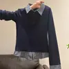 Camiseta de Manga Longa Xadrez Botões Estilo College Coreano Falsa Dupla Peça para Mulheres, Slim Fit Primavera e Outono, Versátil e Rejuvenescedor com Gola Polo